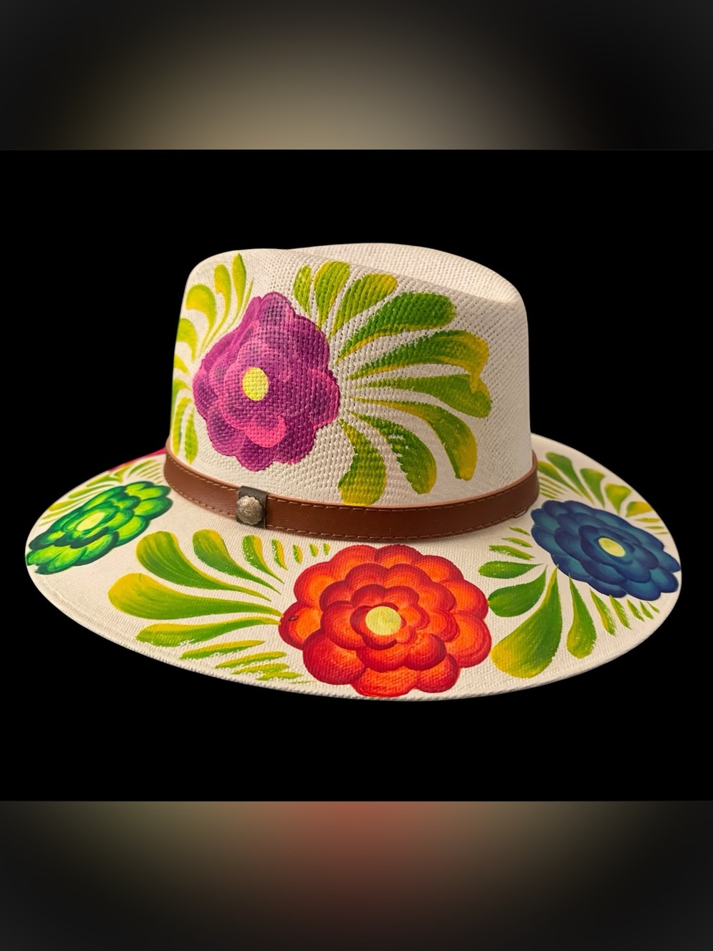 Hand Painted Floral Fedora Hat Size Large 23.25” Mexican Artisan